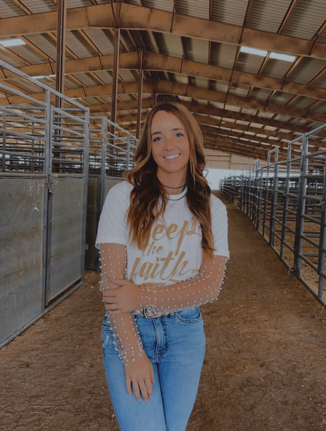 Bead and Pearl Long Sleeve Mesh Top