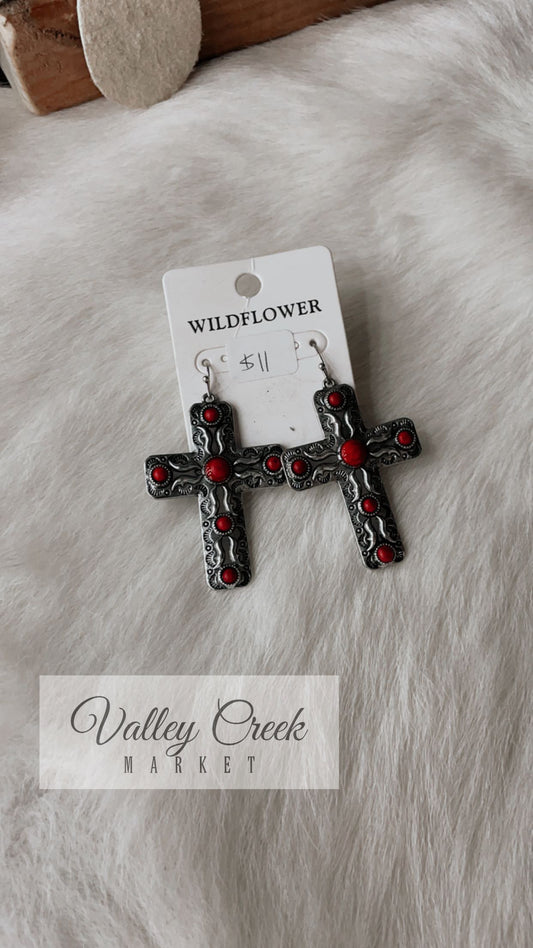 Red Stone Cross Earrings