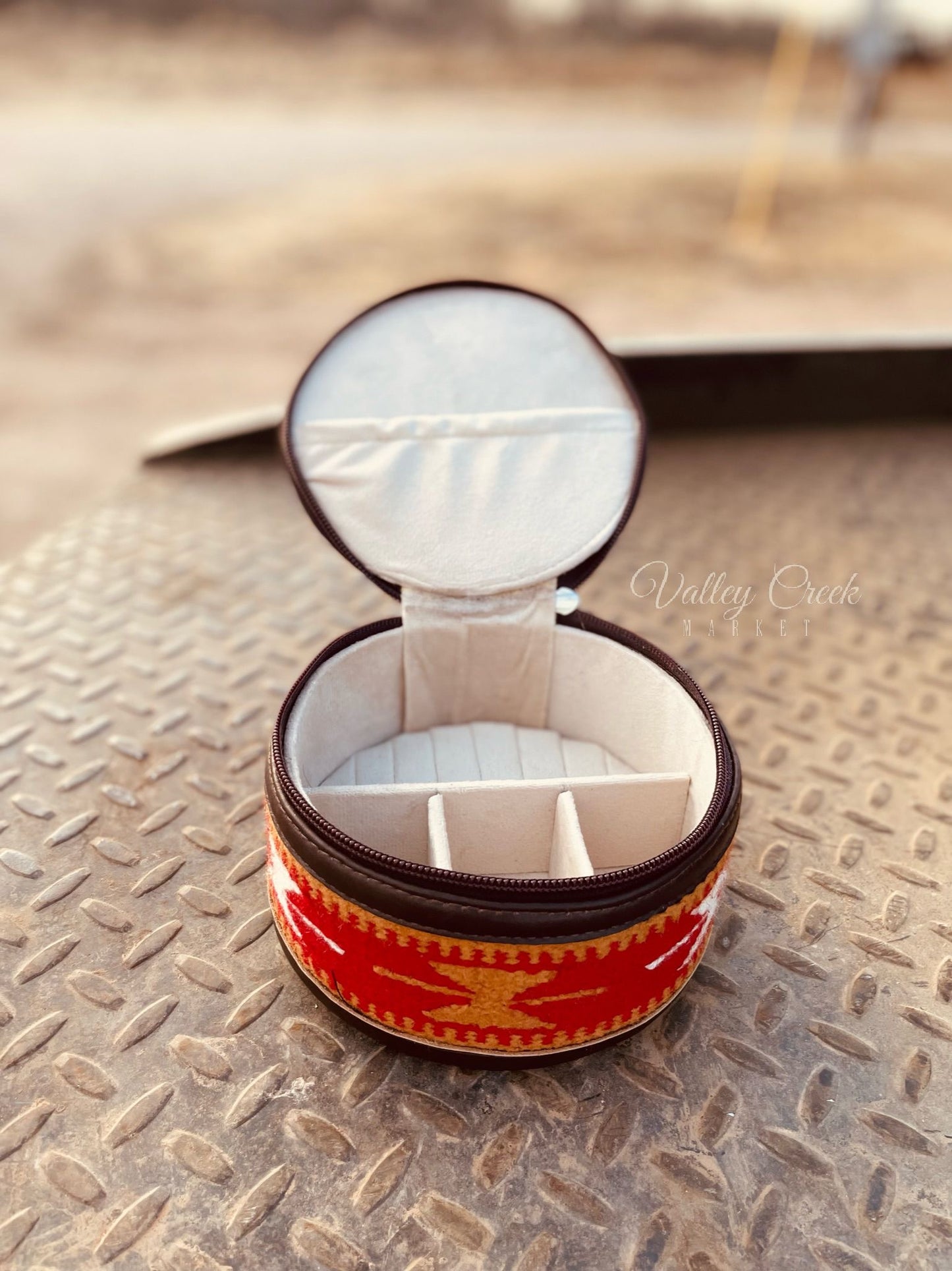 Saddle Blanket and Cowhide Leather Round Jewelry Box
