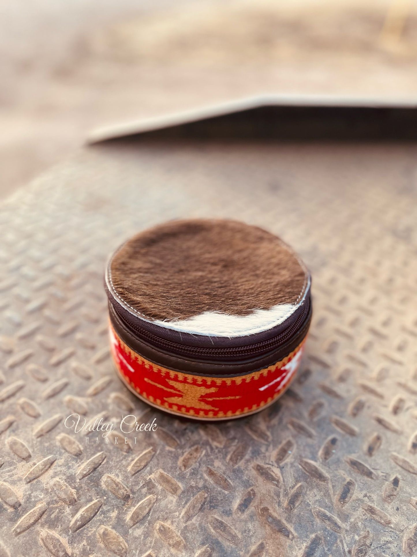 Saddle Blanket and Cowhide Leather Round Jewelry Box