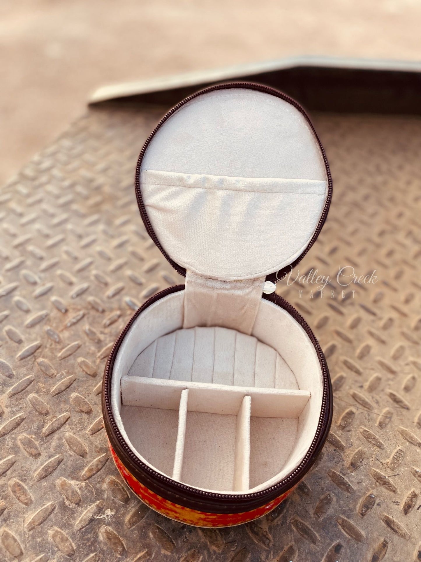 Saddle Blanket and Cowhide Leather Round Jewelry Box