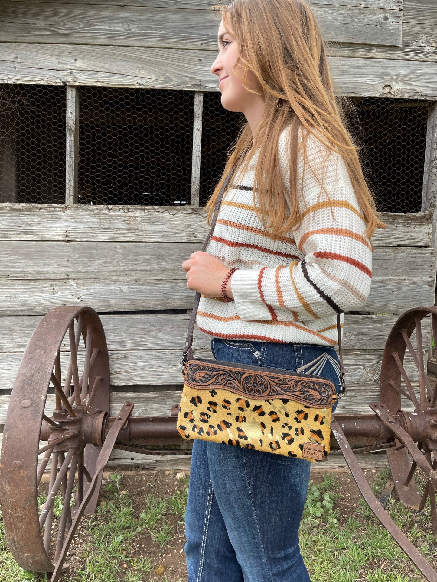 American Darling leopard acid wash tooled leather crossbody