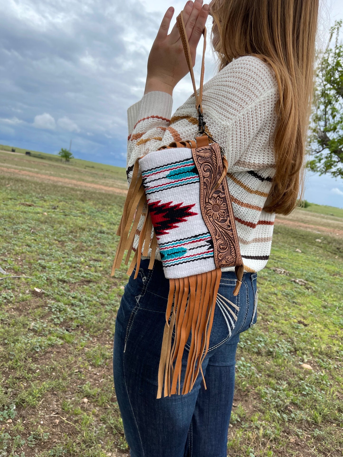 American Darling Saddle blanket wristlet clutch with double side fringe