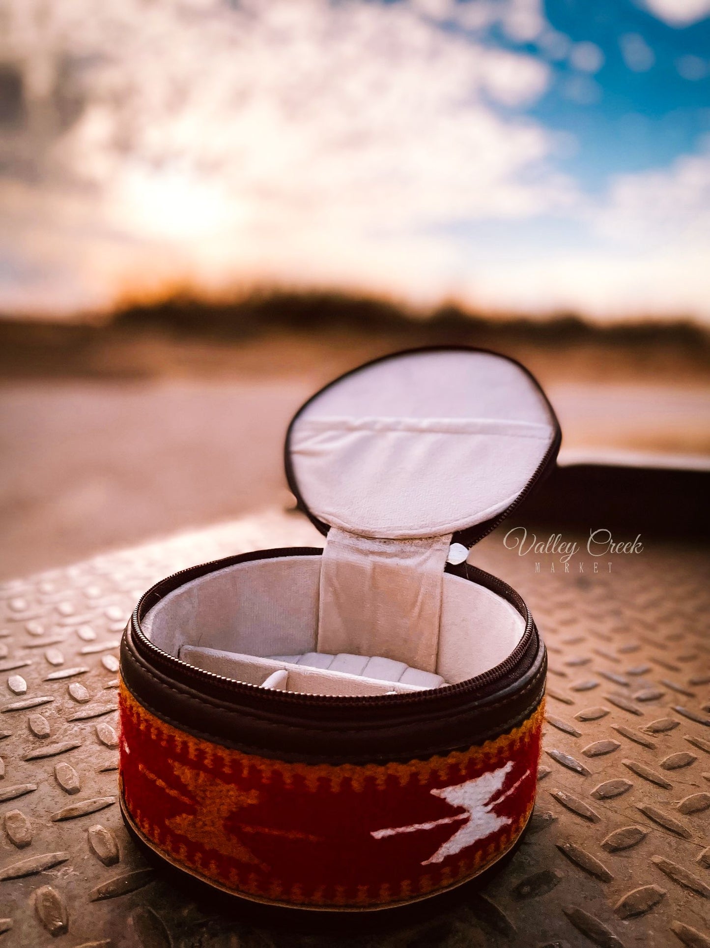 Saddle Blanket and Cowhide Leather Round Jewelry Box