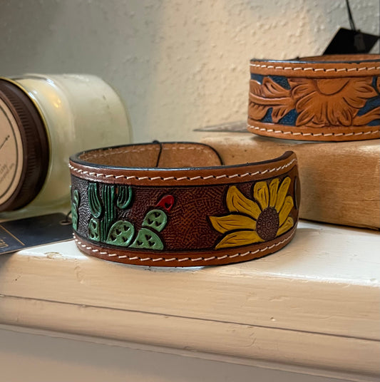 American Darling Cactus flower tooled leather bracelet