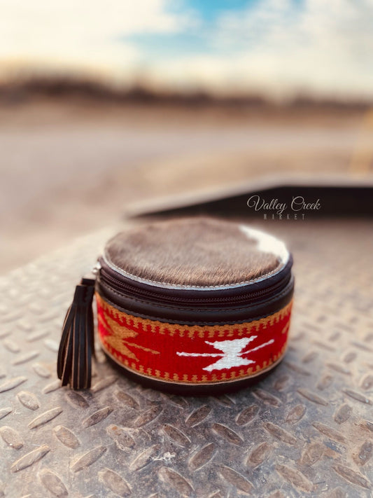 Saddle Blanket and Cowhide Leather Round Jewelry Box