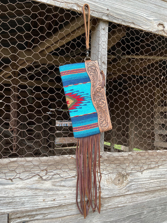 American Darling turquoise saddle blanket wristlet with fringe